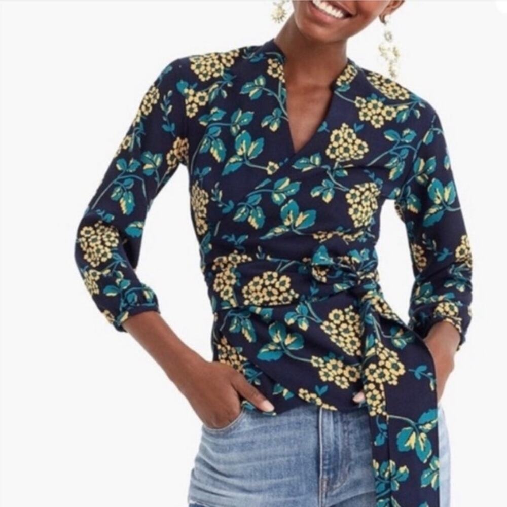 J. Crew Drapey Crepe Wrap Top in Teal & Navy, size XS
